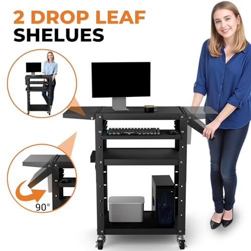 Mobile AV Cart with Pullout Keyboard Tray, Rolling Computer Cart Height Adjustable Rolling Media Utility Cart with 4 Wheels, 4 Outlets, Perfect for Home or Office Us