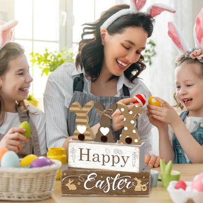 4 Pcs Easter Table Decor Happy Easter Neutral Bunny Tiered Tray Decorations Set Spring Cute Bunny Rabbit Rustic Farmhouse Wooden Stack Block Signs Party Tabletop Decor for Home Office Gift - style: Happy Easter