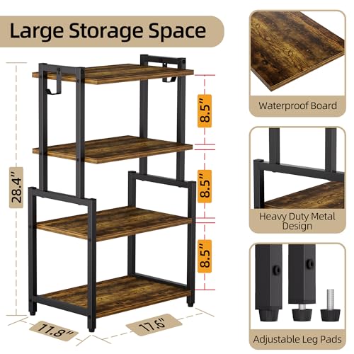 HYPIGO 4-Tier AV Media Corner Shelf, Game Console Stand with 2 Hooks, Stereo Audio Component Rack, Small Entertainment Center for Video Game and Vinyl Record Storage, Rustic Brown