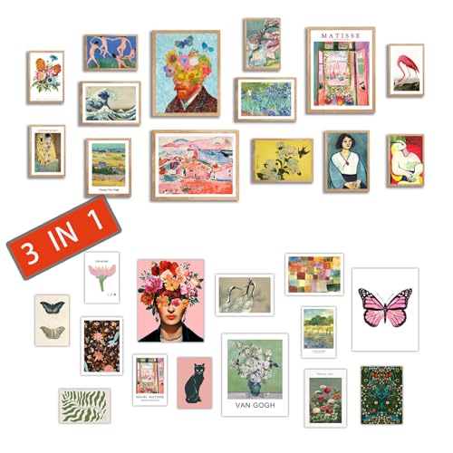 Vintage Eclectic Wall Art, Colorful Bohemian Gallery Wall Art, Retro Maximalist Decor Aesthetic, Funky Eclectic Gallery Wall Art Prints for Bedroom, Famous Artist Painting Pictures (with Beige Frame) - color: 3in1 Framed 1-2