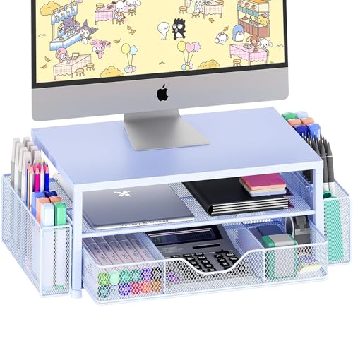 OPNICE Desk Organizers and Accessories, 2-Tier Computer Monitor Stand Riser with Drawer and 2 Pen Holders, Laptop Stand, Office Desk Accessories for Office Supplies, Blue - color: Blue 1-Pack, size: With Drawer and 2 Pen Holders