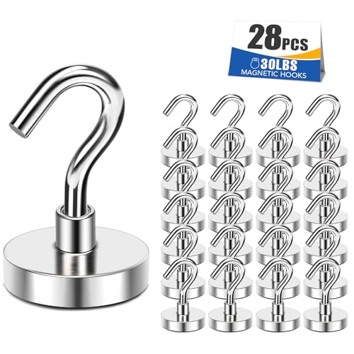 MIKEDE 30LB Magnetic Hooks, N52 Strong Neodymium Magnets Hooks for Hanging Heavy Duty for Refrigerator Extra Cruise Hook for Kitchen, Classroom, Workplace, Grill - 28PCS - color: Silver, size: 0.63×1.38 in