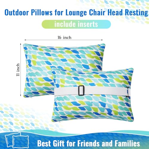 Juexica 2 Pack Chaise Lounge Pillow with Strap Outdoor Waterproof Beach Chair Neck Headrest Pillow Adjustable Elastic Band for Hammock Lumbar Recliner Pillows for Patio Pool Chair(Blue Green Pattern) - style: Blue Green Pattern