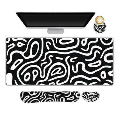 Large Gaming Mouse Pad Set, 4 in 1 Extended Keyboard Desk Mat with Wrist Rest, Computer Game Mousepad, Non-Slip Desk Pad Easy Typing Pain Relief for Home Office I Black White Topographic - color: Black White Topographic