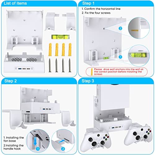 Wall Mount for Xbox Series S, MENEEA Wall Mount Kit Accessories with Adjustable Cooling Fan, RGB LED Light Strip, USB Port, Controller Hook, Secure Fit for Xbox Series S Consoles | White