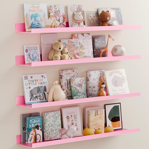 BYCY Metal Floating Shelves Set of 4,23.6 inch Floating Bookshelves for Wall Mounted,Wide Magnetic Book Display Wall Shelves for Classrooms Kitchen Bedroom Room Decor (Pink) - color: Pink, size: 23.6inch，4pcs