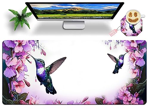 Hummingbird Extended Large Mouse Pad with Coaster - 35.4 x 15.7 Full Desk Mousepad - Stitched Edges - Ultimate Gaming Desk Mat - color: Hummingbird, size: 35.4L x 15.7W inches