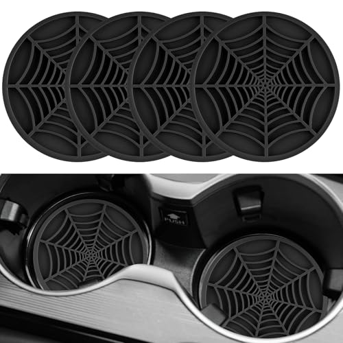 Alpmosn 4PCS Spider Web Car Coasters for Cup Holders, Halloween Funny Non-Slip Silicone Insert Ornaments Coasters, Automotive Cupholder Goth Accessories for Men & Women(Black) - color: Black