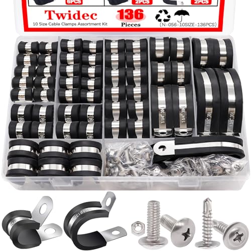 Twidec/136PCS Cable Clamps Assortment Kit 304 Stainless Steel Rubber Coated Cushion Clamps 10 Sizes 1/4" 5/16" 3/8" 1/2" 5/8" 3/4" 1" 1-1/4" 1-1/2" 1-3/4" With Screw For Automotive Wire Pipe Clamps - size: Multi-Size - 136 PCS