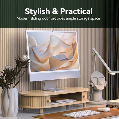 Bamboo Monitor Stand with Storage, Curved Computer Laptop Stand Desk Shelf Organizer with Sliding Doors (25 inch) - color: Natural Bamboo, size: 25 inch