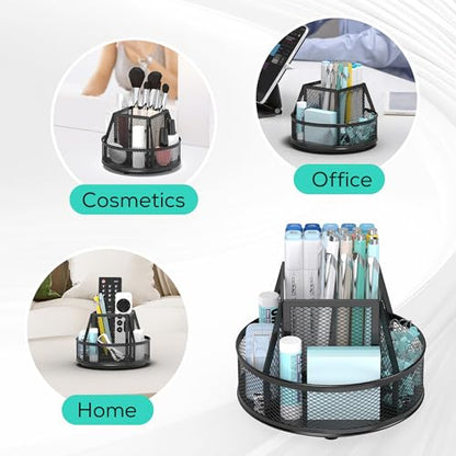 YINGHUA Metal Mesh Desk Organizer with 5 Compartments and Rotating Pencil Holder Pen and Stationery Organizer for Office Home School Anti Slip Base Black - color: Black