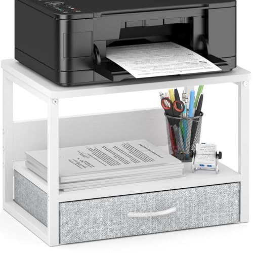 MARTY Printer Stand with Storage Drawer for Desk, 2-Tier Desktop Printer Stand Shelf Organzier for Home Office Printer Riser Under Desk Small Printer Table for Fax Machine Copier Scanner (White) - color: White, size: 2 Tier with Drawer