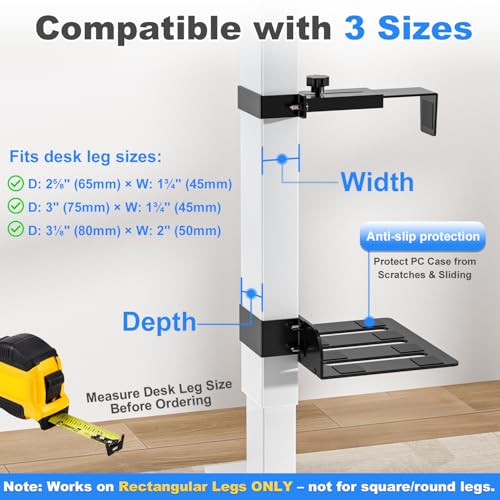 Under Desk PC Mount - No Drilling 40 lb Capacity, Fits 3 Fixed Desk Leg Sizes, CPU Holder Under Desk, Adjustable Clamp-on Desk Leg PC Mount for Standing Desk, with Non-Slip Pads, White - color: White, size: Fits 3 Rect. Leg Sizes