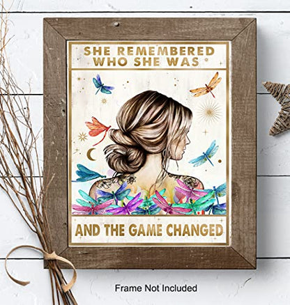Inspirational Positive Quotes Wall Art Decor - She Remembered Who She Was And The Game Changed - Hippie Boho Motivational Poster - Encouragement Gifts for Women - Rustic Girls Bedroom Home Office