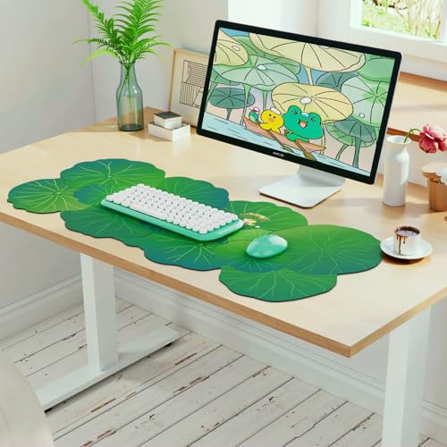 HAOCOO Cute Frog Desk Mat, Scalloped Desk Matt for Desktop, Large Mouse Pad for Desk, Non-Slip Keyboard Mat, Green Desk Mat with Stitched Edge, Kawaii Mouse Pad for Office (35.4" × 15.7") - color: Green