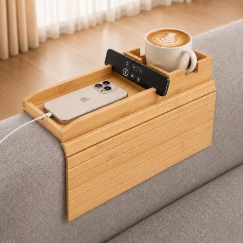 Bamboo Couch Arm Tray Table with Built-in Cup Holder, Foldable Anti-Slip Sofa Armrest Table for Drinks, Phone & Remote, Fits 4.7–16.9 in Armrests, Holds Cups up to 3.5 in Diameter (Bamboo) - color: Primary Colors