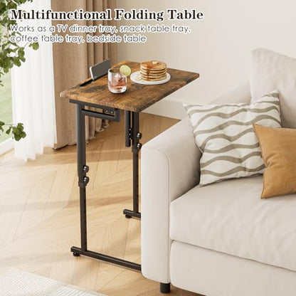 Adjustable Folding TV Tray Table,TV Dinner Small Foldable C-Shaped End Table for Eating,6 Height Adjustable Slide Under Couch Side with Sturdy MDF Top,No Assembly(Brown) - color: Brown, size: 1PC