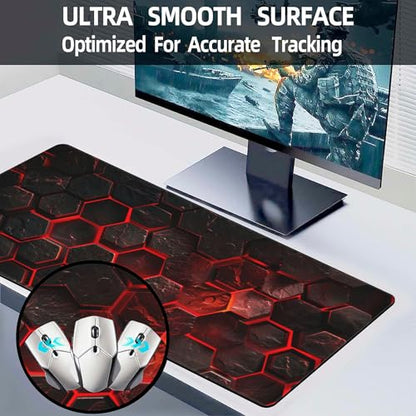 Large Gaming Mouse Pad for Desk,Red Honeycomb Science Technology Desk Mat,Honeycomb Hexagon Desk Pad,Extended Big Computer Keyboard Mouse Pad with Non-Slip Base Stitched Edges 31.5"x11.8" - color: Red Honeycomb Science Technology, size: XL-31.5"x11.8"