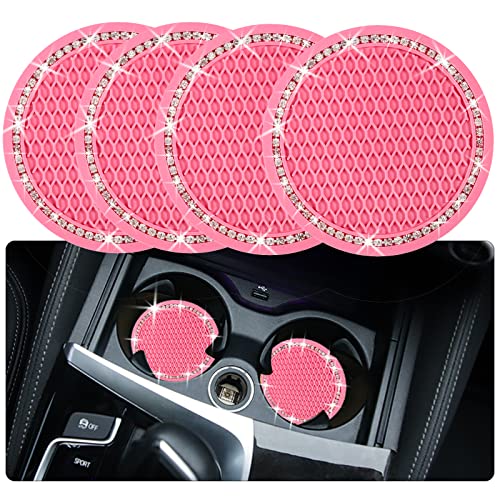 4PCS Bling Coaster, 2.75 Inch Auto Car Cup Holder Insert Coasters Silicone Anti-Slip Crystal Rhinestone Drink Mat, Universal Vehicle Interior Accessories for Women Girls (Pink) - color: Pink, size: 4pack