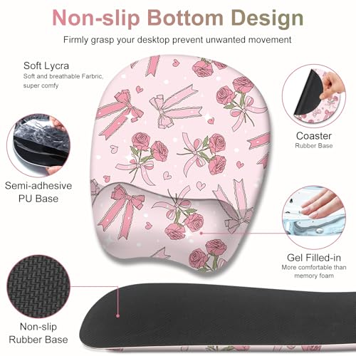 Pink Mouse Pad with Wrist Support 4 in1 Set, XXL Big Game Mousepad + Keyboard Wrist Rest + Mouse Wrist Rest Pad +Coaster Gaming Mat for Home Office Work Computer Laptop PC I Sweet Rose & Heart Bow - color: Sweet Rose & Heart Bow