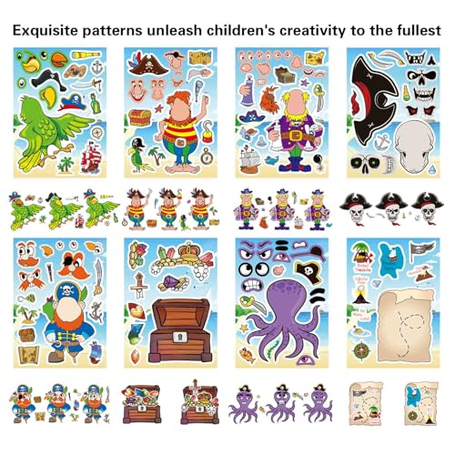 24 Sheets Pirate Stickers for Kids, Make Your Own Pirate Stickers, Make-a-face Stickers, Jolly Roger Stickers, Skull and Crossbones Stickers, Pirate Themed Party Decorations - style: Pirate Theme