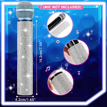 MIC NOT INCLUDED, Facmogu Silver Mic Handle Cover, Rhinestones Mic Handle Sleeve for Party & TV Show, Microphone Cover Sleeve with Sparkly Bling Rhinestones Fit for Most Universal Wireless Microphones - color: Silver