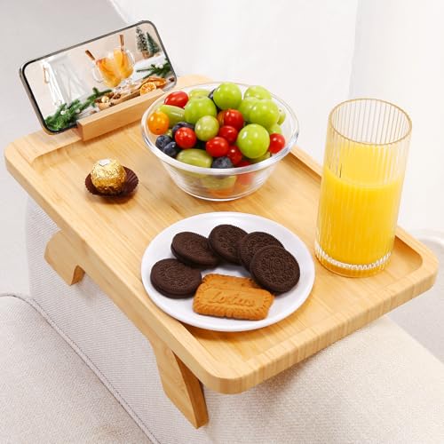 SINWANT Couch Arm Tray,Bamboo Sofa Clip on Side Table,Foldable Couch Armrest Table with 360°Rotating Phone Holder,Anti Slip Food Trays for Eating/Drinks/Snacks/Remotes 15.35" x 9.85" - color: Natural