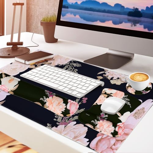 MOSISO Keyboard Mouse Pad Set, Large Gaming Mousepad&Keyboard Wrist Rest&Mouse Pad with Wrist Rest&Coaster, Peony Ergonomic Non-Slip Mousepad with Raised Memory Foam for Home Office, Black