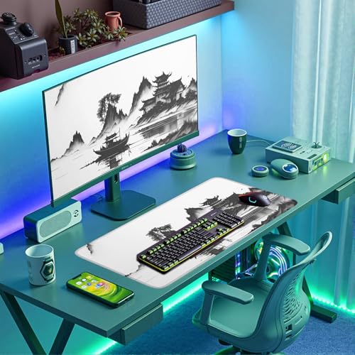 Chinoiserie Mouse Pad Black White Large Ink Painting Desk Mat Landscape XXL Large Gaming Mouse Mat for Office,Computer,Keyboard,Laptop and Home Desk Mat 31.5 X 15.7inch - color: A7- Ink