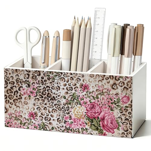 Vintage Leopard Print Floral Pen Pencil Holder for Desk, Leopard Gifts for Women, Cheetah Room Decor Wooden Box Sign Decorations for Home Office Girls Room Bedroom Desk Tabletop - color: 05- Pink Floral Leopard Print (white)