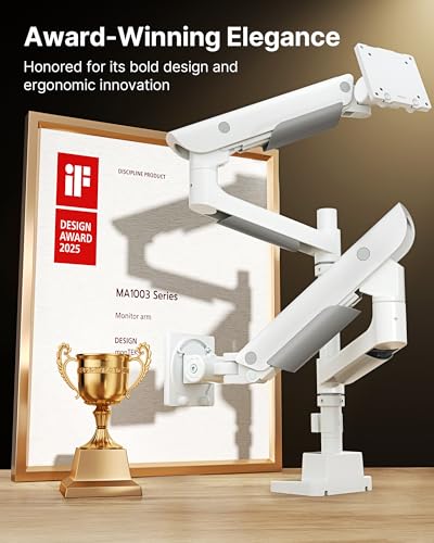 monTEK Sleek Aluminum Monitor Arm for 17–57” Ultrawide Screens up to 59.4 lbs, USB 3.0 A/C, Heavy Duty Dual Monitor Arm Desk Mount, Pneumatic Lift, Quick-Release Plate, Clamp/Grommet, max VESA 100x100 - color: White, size: Dual Arm with USB