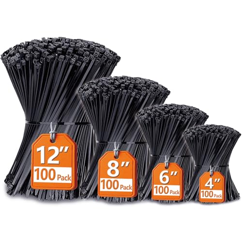 Zip Ties Assorted Sizes(4”+6”+8”+12”), 400 Pack, Black Cable Ties, UV Resistant Wire Ties by ANOSON - size: 4+6+8+12 (400 Pack)