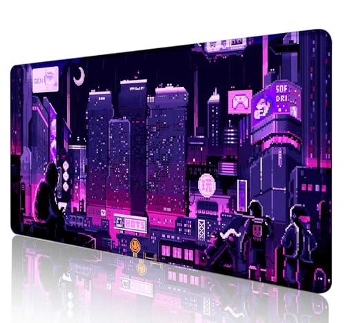 Purple Japanese Anime Large Gaming Mouse Pad for Desk, Retro Vaporwave Mousepad, Tokyo Street Pixel Art Desk Pads, Computer Mouse Pad XL Big, Skyline City Desk Mat, 35.4 x 15.7 in - color: Purple Neon Street