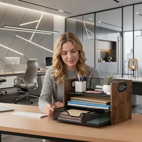 Wood Desk Organizer - 3-Tier Desktop File Organizer with Drawer, Wooden Paper Tray, Office Desk Organzier and Accessories for Papers, Mail, Notebooks, Stationery - size: 3 Tier Drawer