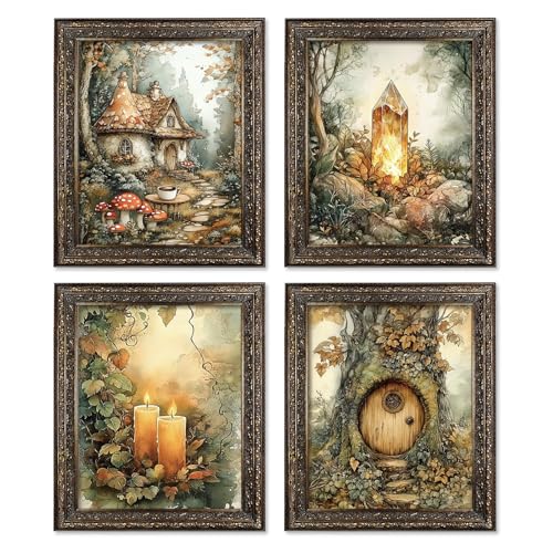 Locomiss Vintage Fairy Cottagecore Wall Art Decor Posters, Mushroom Forest Wall Decor, Vintage Nature Posters Print for Farmhouse Bedroom Bathroom Living Room, Set of 4 (8x10 Unframed) - color: yellow, size: 8x10 Inches