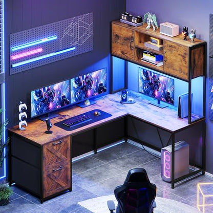 SEDETA L Shaped Desk with Drawers, 62.2" Home Office Desk with Fabric File Drawers and Power Outlet, L Shaped Desk with Hutch, Storage Shelves, LED Lights, Rustic Brown - color: Rustic Brown