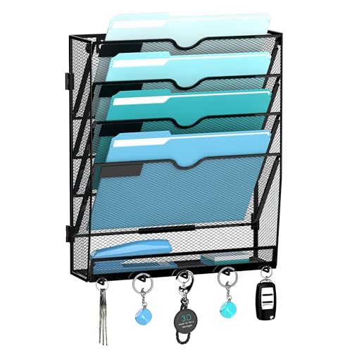 5 Tier Wall File Organizer - Hanging File Organizer with 5 Hooks, Mail Holder Wall Mounted for Papers, Folders, Magazines, Bills, Office&School Organization, Black - color: Black, size: 5 Tier