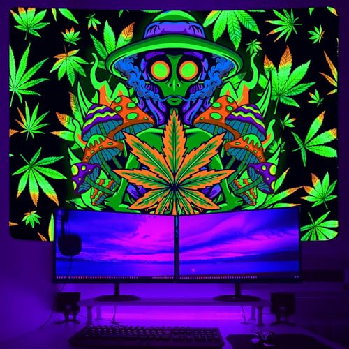 Xiaoput Blacklight Weed Tapestry for Bedroom, UV Reactive Black Light Cool Alien Posters for Adults, Marijuana Glow in the Dark Trippy Tapestry for Men Men Room Bedroom Gaming Decor 40X30IN - size: 40"L x 30"W