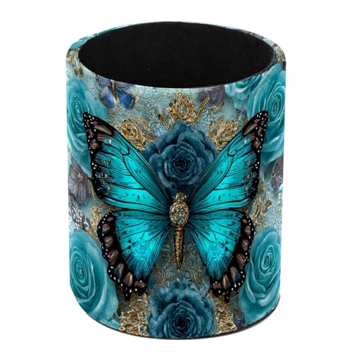 Navy Blue Butterfly Pen Holder Pencil Organizer for Desk, 3.1”x3.1”x3.9” Pencil Cup Office Supplies, Large Capacity Cute Pen and Makeup Brush Holder for School, Desktop - color: Navy Blue Butterfly
