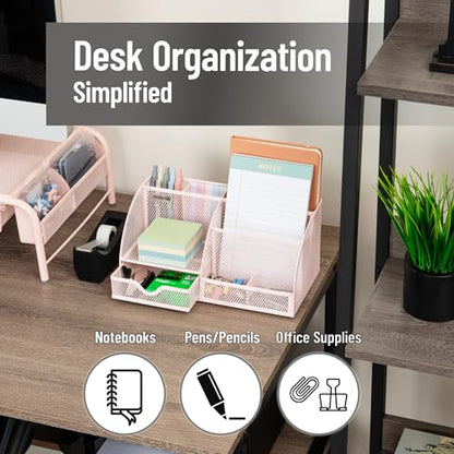 Mind Reader 7-Compartment Desktop Organizer, Metal Mesh Desk Organizer for Pens, Sticky Notes, Mail and Office Supplies, Pink - color: Pink