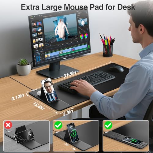 Wireless Charging Mouse Pad with Foldable Phone Holder, 31.5"x15.8" Large Desk Mat for Laptop/Keyboard, Waterproof Ultra-Smooth Surface, Non-Slip Base, Black - color: Black-Phone Holder-31.5"x15.8"
