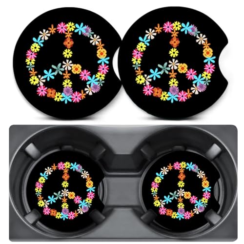 2 Pack Flower Peace Car Coasters for Cup Holders,Neoprene Anti Slip Mat | 2.75" Universal Size,Auto Rubber Drink Coasters Decor Car Accessories Interior Flower Peace Gifts for Women Men - color: Peace Sige