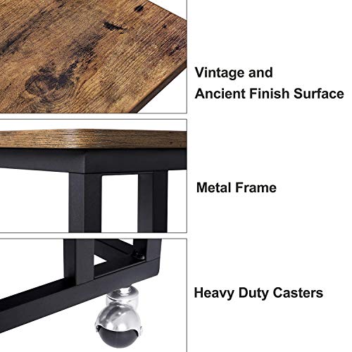 VASAGLE End Table, C Shaped TV Tray with Metal Frame Rolling Casters, Industrial Side Table for Living Room Bedroom, 19.7 x 13.8 x 23.6 Inches, Rustic Brown and Black - color: Rustic Brown + Black, size: 19.7"W x 21.7"H, style: With Wheels