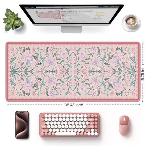 HAOCOO Pink Desk Mat, Aesthetic Flower Mouse Pad, 35.4" x 15.7" Computer Mat, Keyboard Pad Dorm Decor, Non-Slip Mouse Pad for Laptop with Stitched Edges, Home Office Desk Protector - color: Dusty Pink