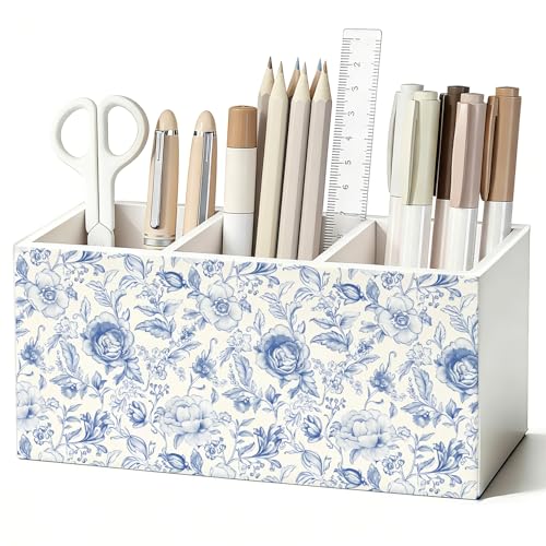 Blue Floral Pen Pencil Holder for Desk, French Country Toile De Jouy Flower Botanical Wooden Box Sign Decorations for Home Office Girls Room Bedroom Desk Tabletop - color: 03-Blue Floral(white02)