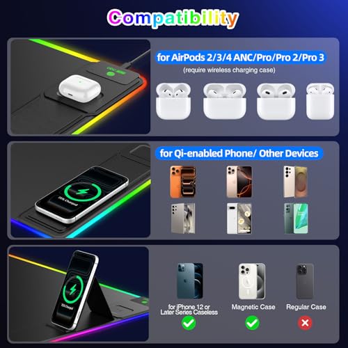 XXL RGB LED Gaming Mouse Pad with Magnetic Wireless Charging & Foldable Phone Holder, 31.5"x15.8" Extended Ultra-Smooth Desk Pad, 25 Lighting Effects, Non-Slip Base - color: RGB-31.5"x15.8"-Magnetic Stand-Right