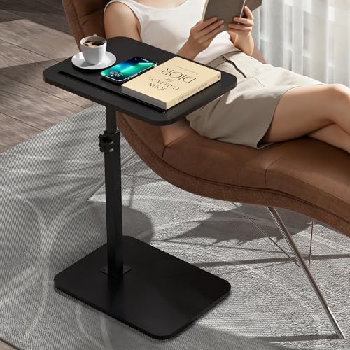 Black Side Tray Table for Couch - 360° Swivel Adjustable Height Rotating Sofa Table C Table End Table Laptop Desk with Phone & Tablet Slot, Perfect for Eating Working Reading, Fits Small Spaces - color: Black