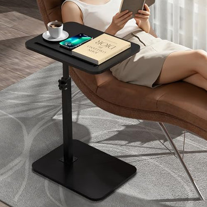 Black Side Tray Table for Couch - 360° Swivel Adjustable Height Rotating Sofa Table C Table End Table Laptop Desk with Phone & Tablet Slot, Perfect for Eating Working Reading, Fits Small Spaces - color: Black