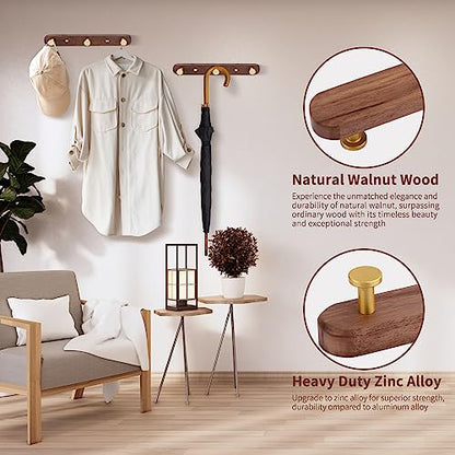 Wall Mounted Coat Rack, Entryway Hanging Coat Rack, Metal Wood Coat Rail with 3 Rustic Hooks Rail for Coat, Scarf, Bag, Towel, Key, Cap, Hat,Walnut Gold Matt - size: 3 Hooks - Round Shape