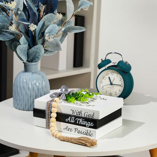 Capoda 3 Pcs Decorative Books for Home Decor Farmhouse Faux Stacked Books Wooden Rustic Table Decor with Bead Garland Twine Ribbon Faux Leaf for Table(Blessed) - style: Blessed